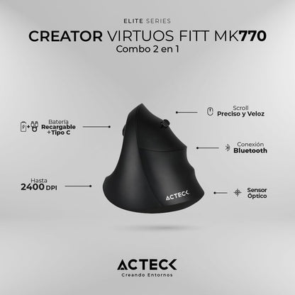 Acteck Kit Teclado y Mouse VIRTUOS Fitt MK770 Inalambrico USB-C Negro AC-936248