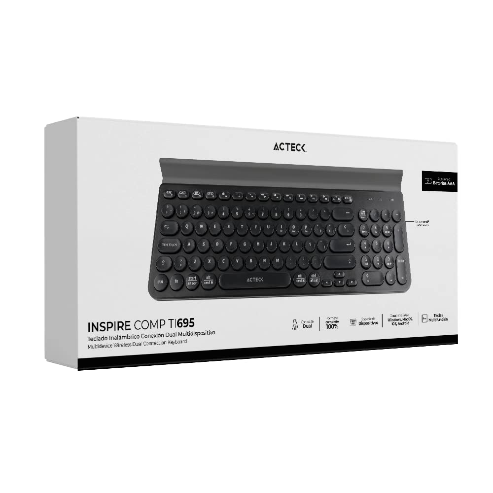 Acteck Teclado Multidispositivo Inspire Comp TI695 / 2.4Ghz + 2 Modos BT Soporte para Dispositivo + 2xBats AAA Incluidas Negro Elite Series