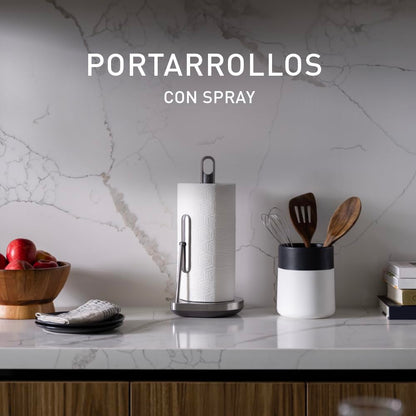 simplehuman Porta Toallas de Papel con Aspersor, Acero Inoxidable Cepillado | Dispensador Todo en Uno de Toallas de Papel y Limpiador, Bomba Rellenable de 6 oz, Corte con Una Sola Mano y Base con Peso