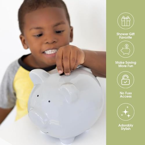 Pearhead - Alcancía grande de cerámica, ideal para niños y niñas, dinero y monedas para niños, decoración perfecta para guardería de bebé, gran regalo y recuerdo para recién nacidos, color gris sólido
