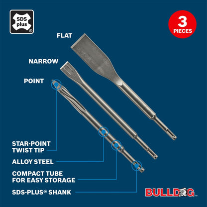 BOSCH HS143PK 3 ud. SDS-plus® Bulldog™ Juego de cinceles autoafilables | Cinceles planos y baldosas, diseños autoafilables, vástagos SDS-plus y tubo de almacenamiento compacto