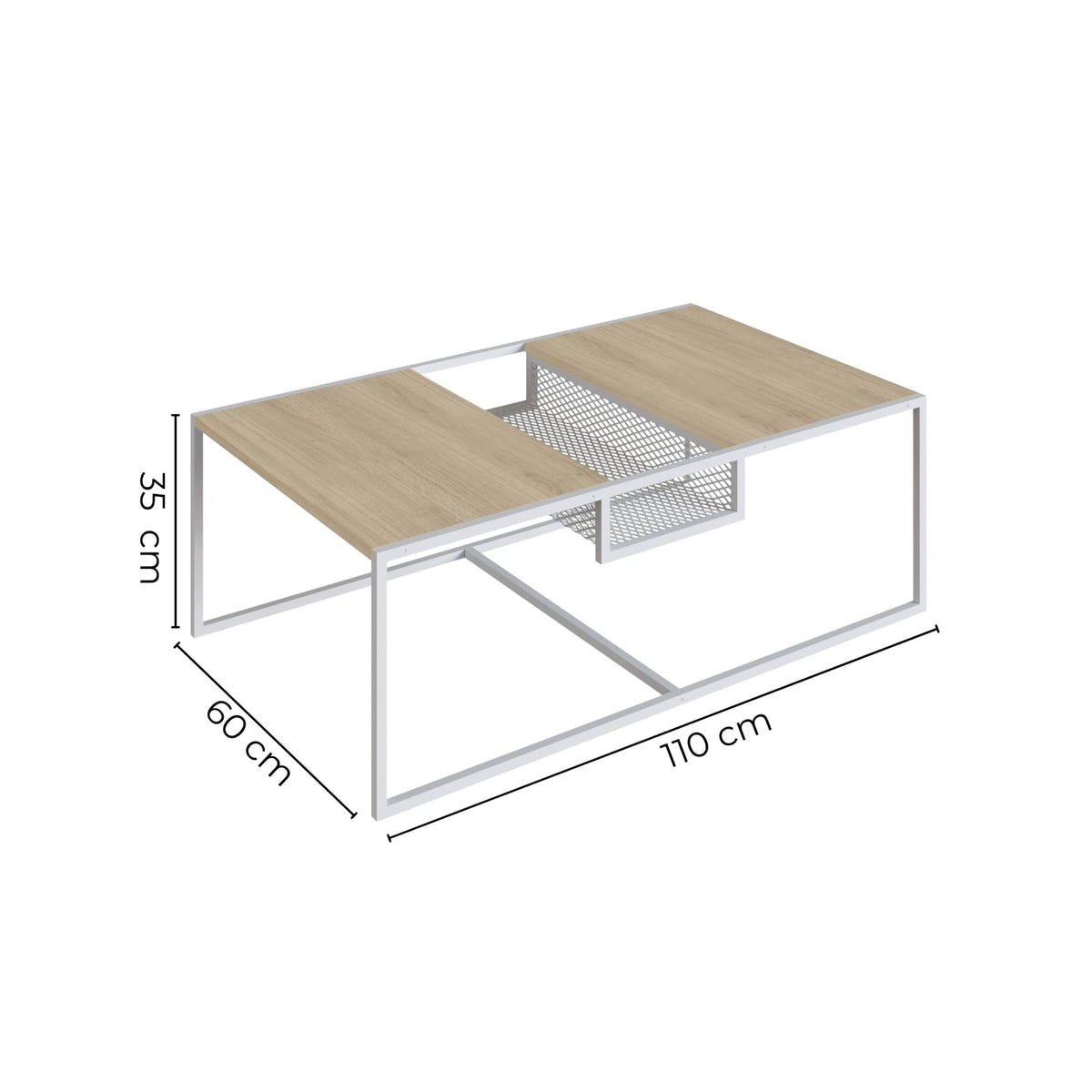 TUGOW Alterego Mesa de Centro Noemi Rectangular Color Blanco y Madera con 2 Tableros y Estructura Metálica de Acero MDP