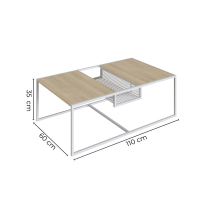 TUGOW Alterego Mesa de Centro Noemi Rectangular Color Blanco y Madera con 2 Tableros y Estructura Metálica de Acero MDP