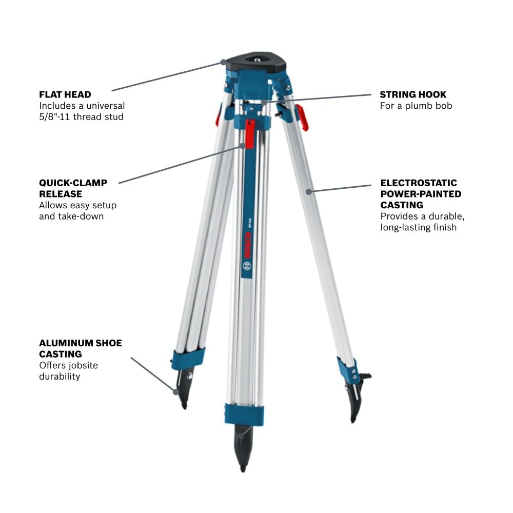 Bosch BT160 63 Pulgadas. Trípode de contratistas de Aluminio | Construcción de aluminio, altura ajustable, montaje seguro, contratistas, montaje estable, topografía, construcción, exterior
