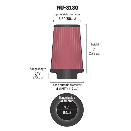 K&N RU-3130 Filtro de Aire Universal Lavable, Rojo, Brida 3.5 Pulgadas