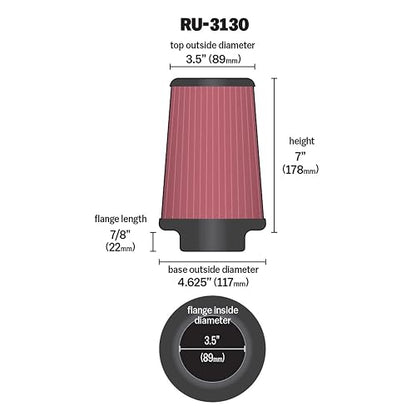 K&N RU-3130 Filtro de Aire Universal Lavable, Rojo, Brida 3.5 Pulgadas