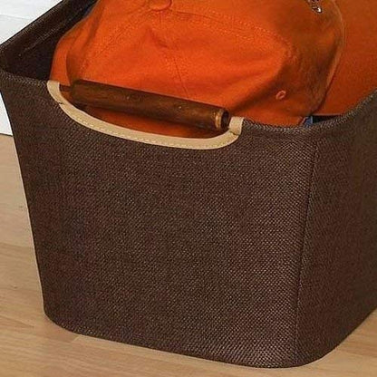 Household Essentials Small Tapered Storage Bin with Wood Handles, Coffee Linen
