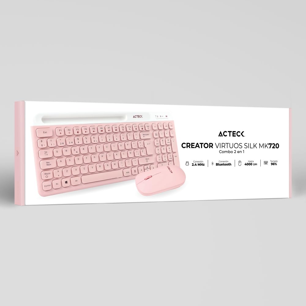 Acteck Virtuos Silk MK720 Combo 2 en 1 Teclado y Mouse Inalámbrico, Multidispositivo, 2.4 GHz + Bluetooth, 4000 dpi, Recargable (Rosa)