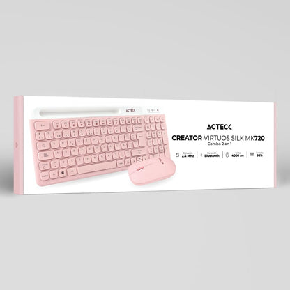 Acteck Virtuos Silk MK720 Combo 2 en 1 Teclado y Mouse Inalámbrico, Multidispositivo, 2.4 GHz + Bluetooth, 4000 dpi, Recargable (Rosa)