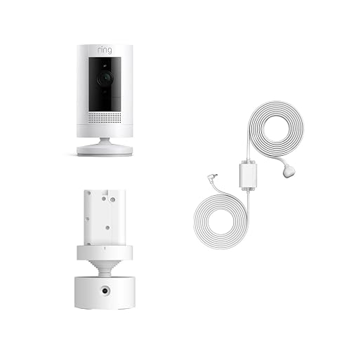 Cámara de seguridad Ring Stick Up Cam Battery + Soporte para inclinación y vista panorámica + Adaptador de corriente para interiores y exteriores - Blanco