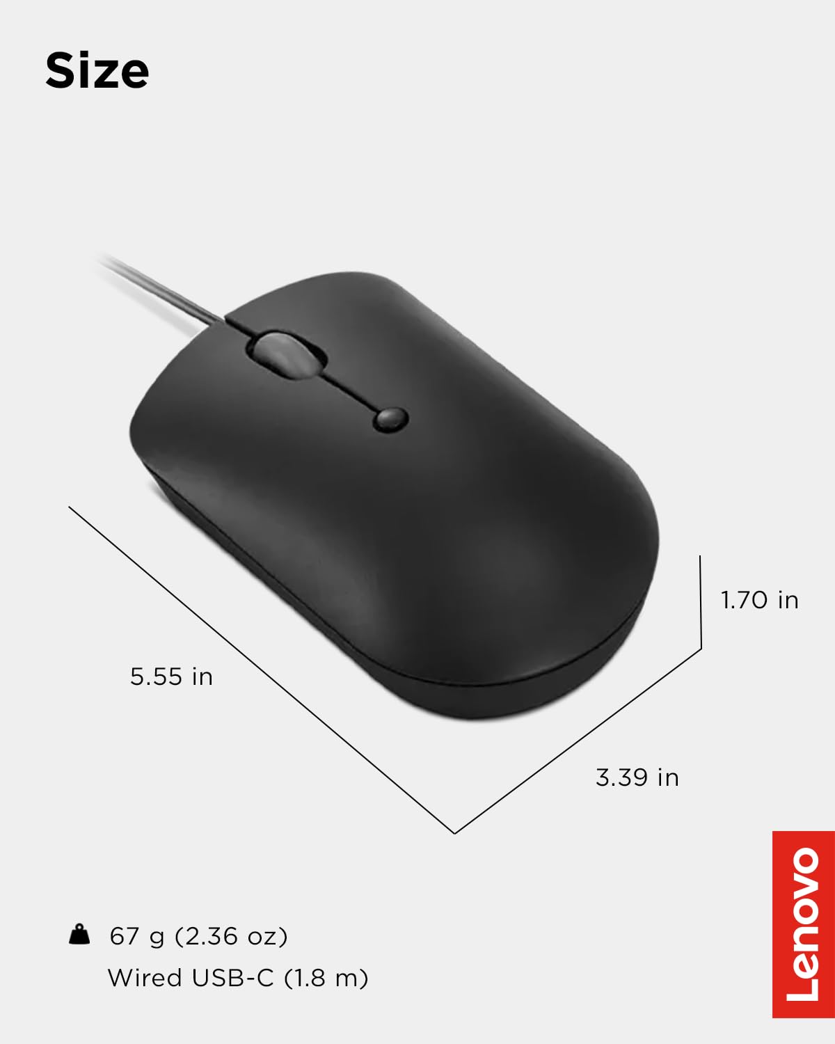 Lenovo 400 USB-C - Mouse con Cable Compacto - Mouse portátil Compatible con Bolsillo para portátil o Monitor de computadora Grande, Color Negro