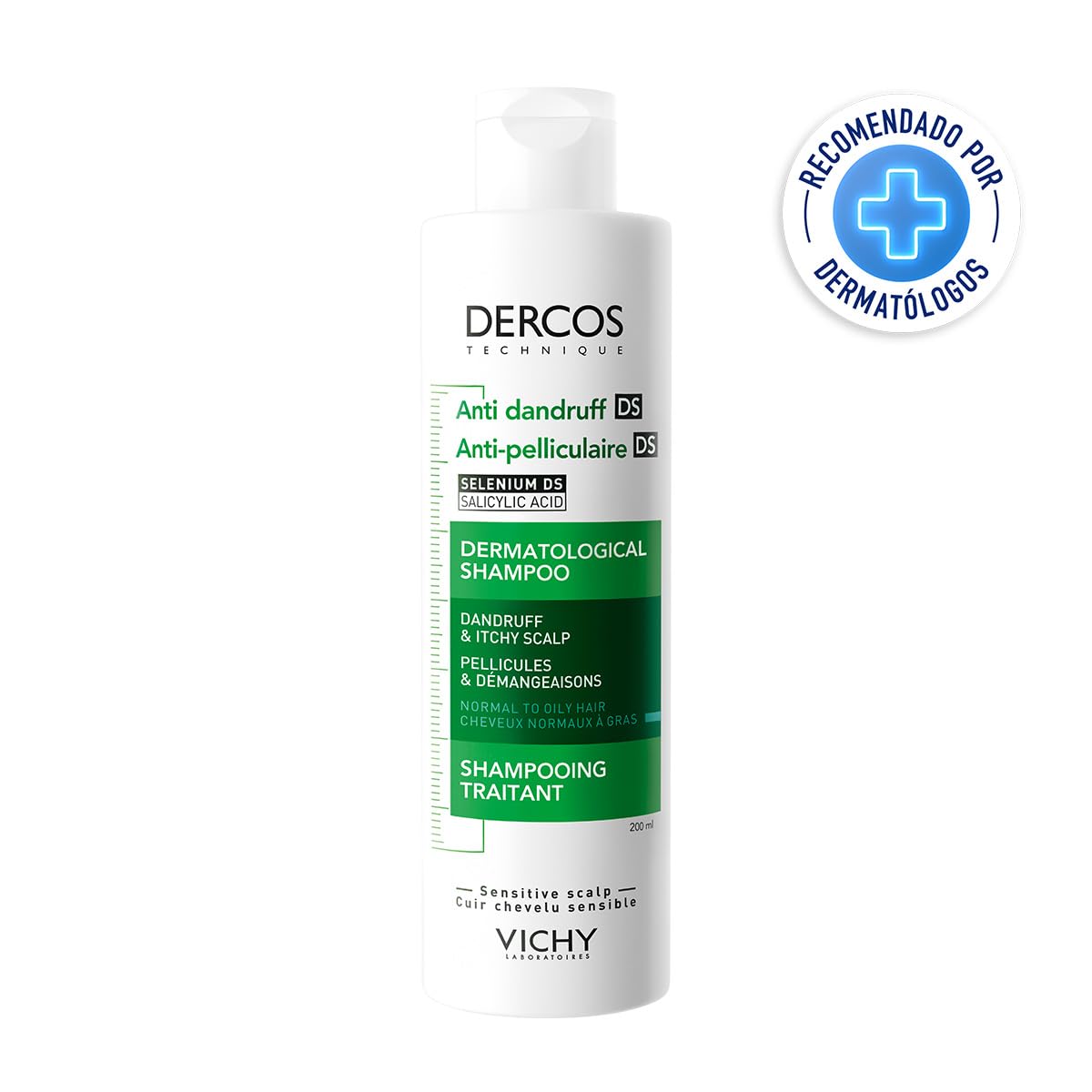 Vichy Dercos Shampoo Dermatológico Anti-Caspa Cabello Normal a Graso 200ml | Elimina 100% de Caspa Visible y su Reaparición, Reduce Comezón desde 1er Uso, con Ácido Salicílico y Selenio DS