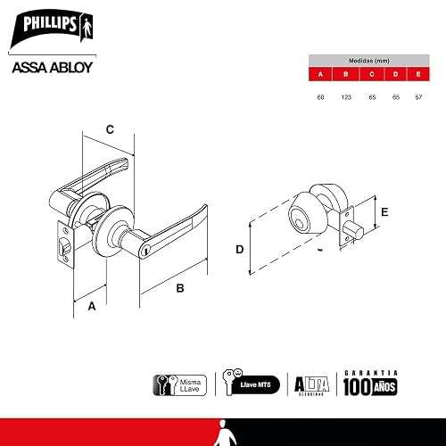 Phillips Combo Cerrojo/Manija Fresno Alta Seguridad Para Entrada LLave-Mariposa Negro