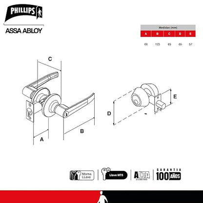 Phillips Combo Cerrojo/Manija Fresno Alta Seguridad Para Entrada LLave-Mariposa Negro