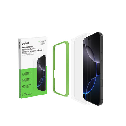 Belkin ScreenForce Protector de visualización tratado de vidrio templado para iPhone 16 Pro Max, delgado y resistente a los arañazos, incluye marco de alineación fácil para aplicación sin burbujas