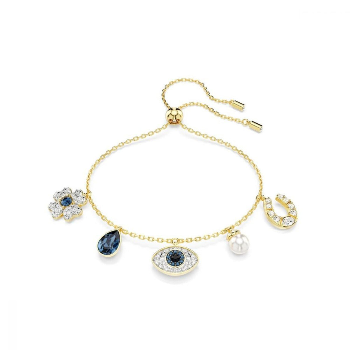 Pulsera Symbolica, trébol, mal de ojo y herradura, azul, acabado dorado, Una talla, Cristal, cristal