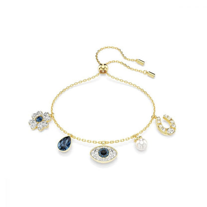 Pulsera Symbolica, trébol, mal de ojo y herradura, azul, acabado dorado, Una talla, Cristal, cristal