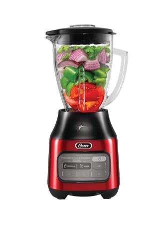 Oster Licuadora 800 W con Vaso de Vidrio de 1.5 L, 2 Programas Automáticos | 3 Velocidades + Pulso, motor reversible, acople metálico y cuchilla que tritura hielo, rojo, BLSTPEG-CRT