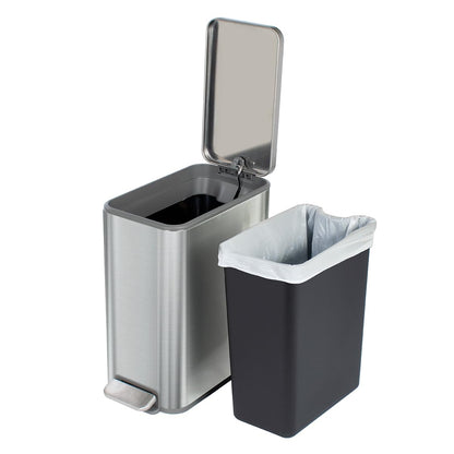 Glad - cubeta de basura delgado para baño, cubeta de basura pequeño con tapa de cierre suave y pedal de pie | Cesta de basura estrecha de níquel cepillado con cubeta interior extraíble, 2.6 galones