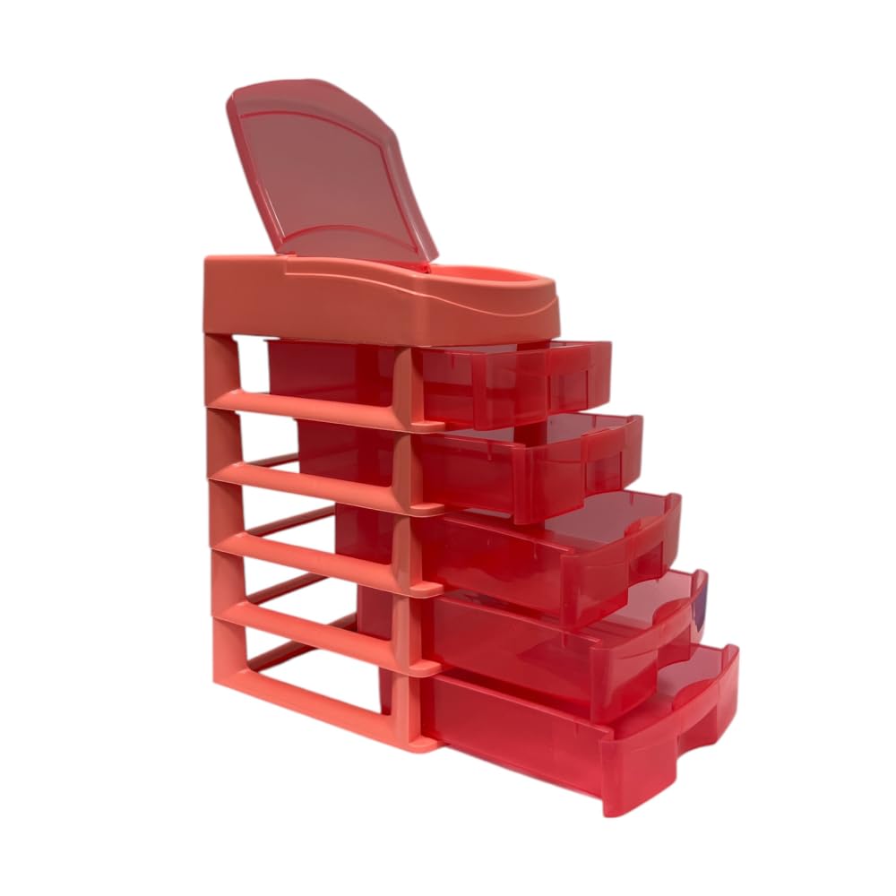 Italhome Cajonera de Plástico Sesia Salmon, Mini Organizador de Escritorio Multiusos con 5 Cajones Transparentes