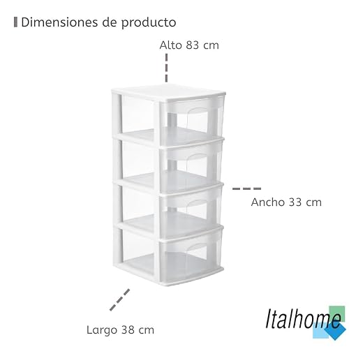 Italhome Cajonera ONYX 4 de Plástico Blanca con 4 Cajones Transparentes, Organizador Multiusos Desarmable para Recámara, Oficina o Cocina