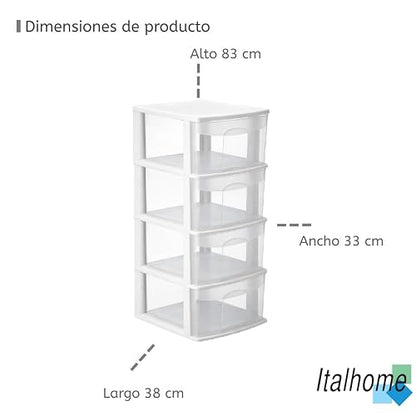 Italhome Cajonera ONYX 4 de Plástico Blanca con 4 Cajones Transparentes, Organizador Multiusos Desarmable para Recámara, Oficina o Cocina