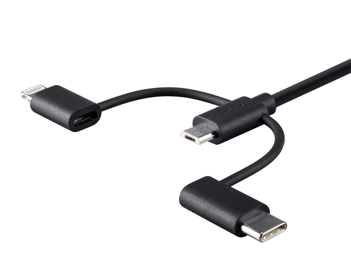 Mono Apple MFi Certified USB to Micro USB + USB Type-C + Lightning Charge And Sync Cable - 3 Feet - Black