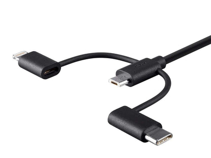 Mono Apple MFi Certified USB to Micro USB + USB Type-C + Lightning Charge And Sync Cable - 3 Feet - Black