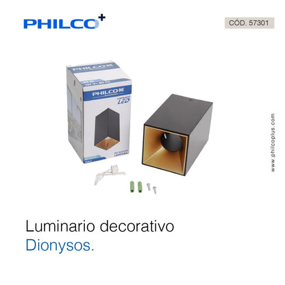 Philco Luminario decorativo Dionysos. Terminado en color negro mate y oro antiguo, base GU10, fácil instalación, uso en interiores, difusor resistente