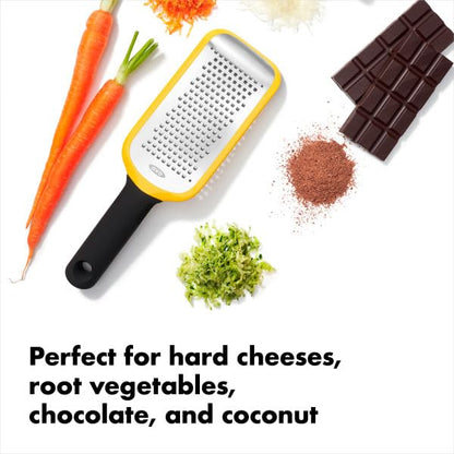 Oxo 11215900 Rallador para Verduras Acero Ama/Negro | Cubierta a presión, agarre antideslizante, zester, ideal para rallar parmeseano, queso, chocolate, nuez moscada