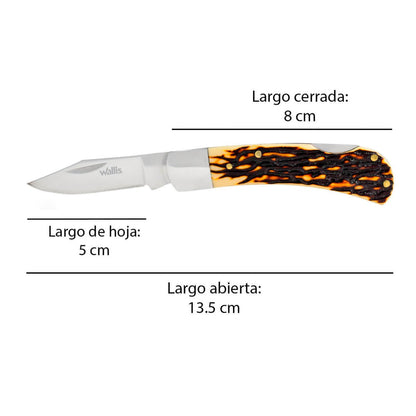 Navaja Wallis K901494 | Hoja Lisa Acero Inoxidable 3CR13, Mango Tipo Cuerno de Venado, Bloqueo Manual Push, 52 HRC
