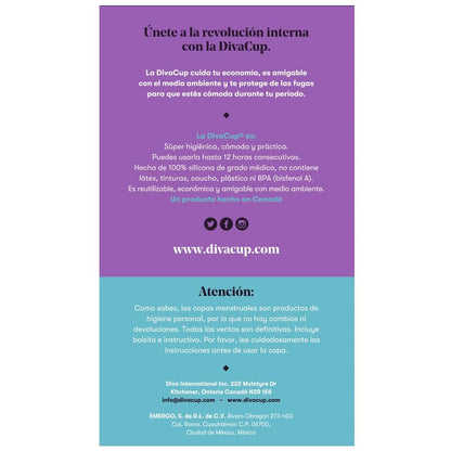 DivaCup Copa Menstrual Reutilizable Modelo 2, Pack de 1 – 100% Silicona Médica, Hasta 12 Horas de Protección, Sin BPA ni Látex, Ecológica y Cómoda para Uso Diario