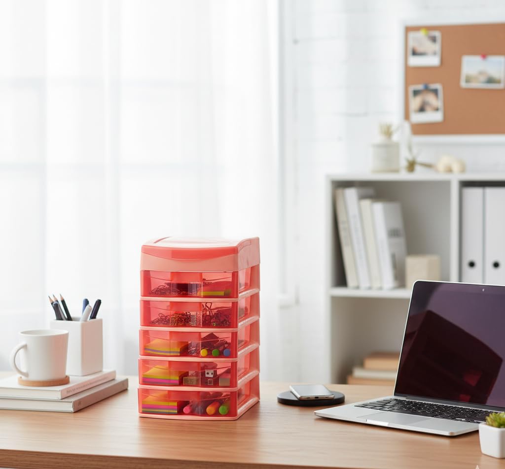 Italhome Cajonera de Plástico Sesia Salmon, Mini Organizador de Escritorio Multiusos con 5 Cajones Transparentes