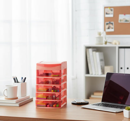 Italhome Cajonera de Plástico Sesia Salmon, Mini Organizador de Escritorio Multiusos con 5 Cajones Transparentes