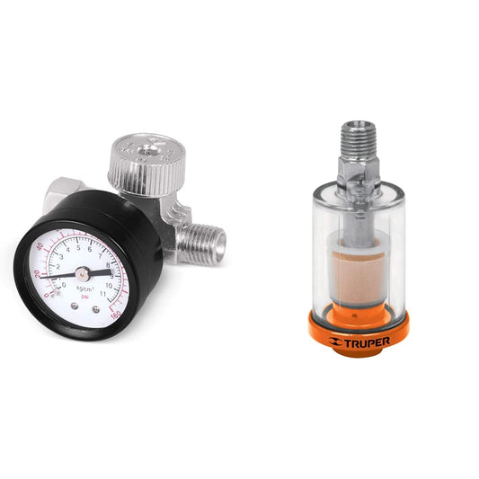 Truper REGU-1/4, Regulador de aire para compresor, cuerda 1/4 NPT + FISE, Filtro separador para aire, cuerpo aluminio-policarbonato
