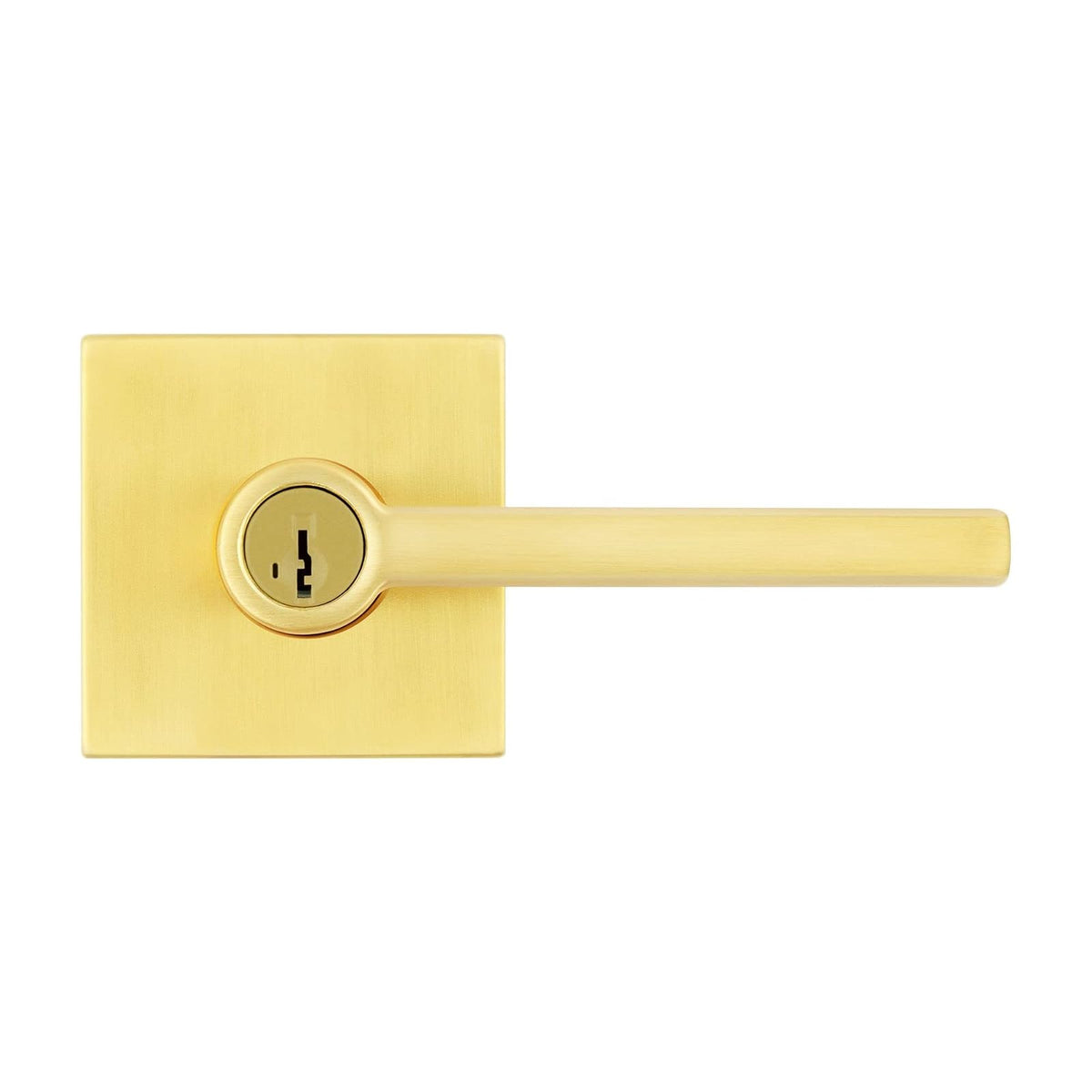 Kwikset Halifax - Manija de puerta de entrada con cerradura y llave, palanca reversible con llave segura, exterior, para entrada frontal y dormitorios, latón satinado, resistente a las púas Smartkey Rekey Security y Microban