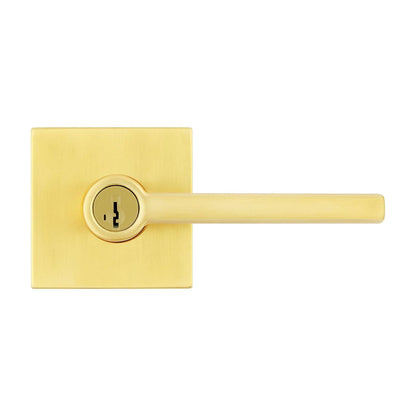 Kwikset Halifax - Manija de puerta de entrada con cerradura y llave, palanca reversible con llave segura, exterior, para entrada frontal y dormitorios, latón satinado, resistente a las púas Smartkey Rekey Security y Microban