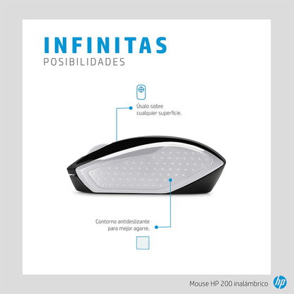 HP Mouse inalámbrico 200, 2.4 GHz, Conectividad 10 MTS, Pilas AAA, Windows, Mac OS, Chrome OS, Plata Claro, 2HU84AA