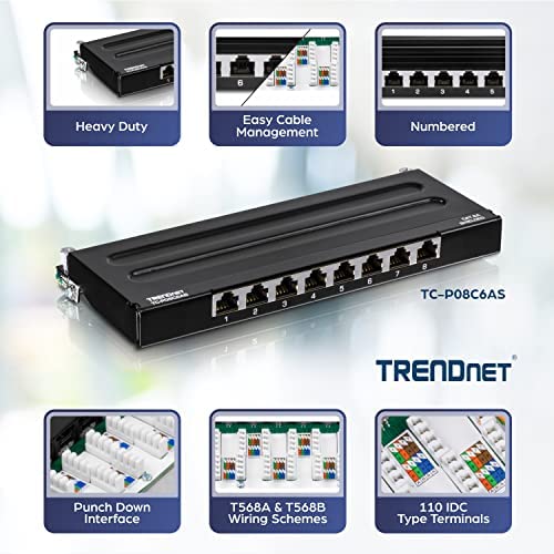 TRENDnet - Panel de conexión blindado Cat6A de 8 puertos, listo para montaje en pared, listo para 10G, Cat5e, Cat6, Cat6A, carcasa de metal, etiquetado codificado por colores para cableado T568A y
