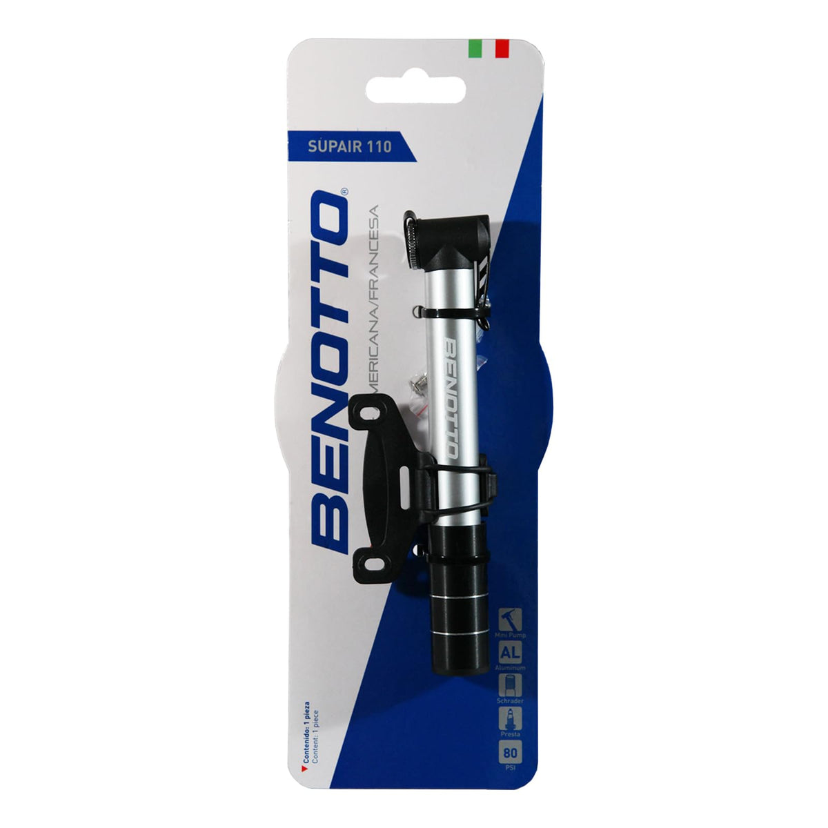 Bomba BENOTTO SUPAIR 110 Mini | Aluminio Ligero | V.A./V.F. | 80 PSI | Compacta y Portátil para Bicicleta
