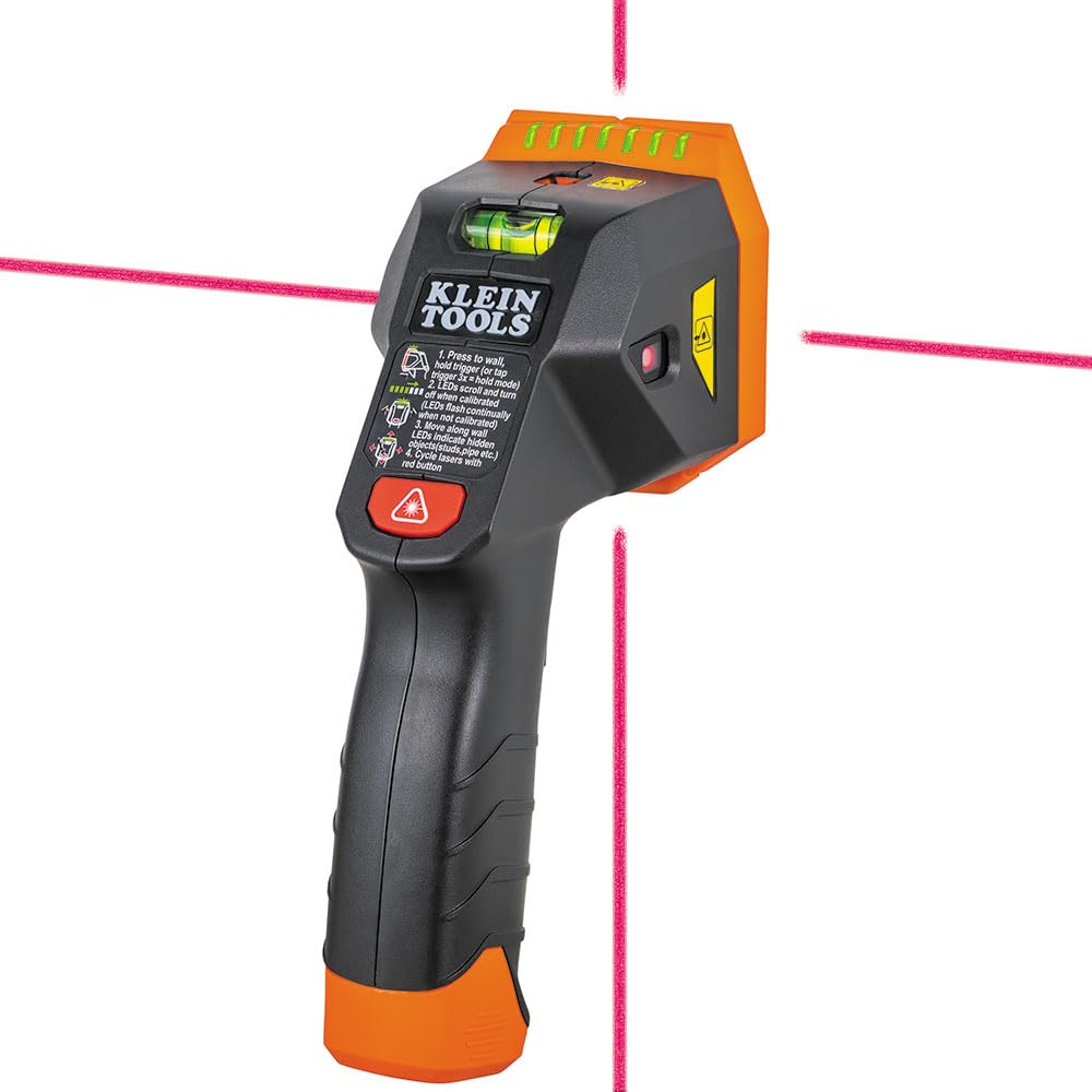 Klein Tools ESF150LL - Buscador electrónico de pernos con láser de línea cruzada, nivel de burbuja, clase láser 3R; ≤5 mW; 15 pies en todas las direcciones, para pernos de madera y metal, alerta LED y