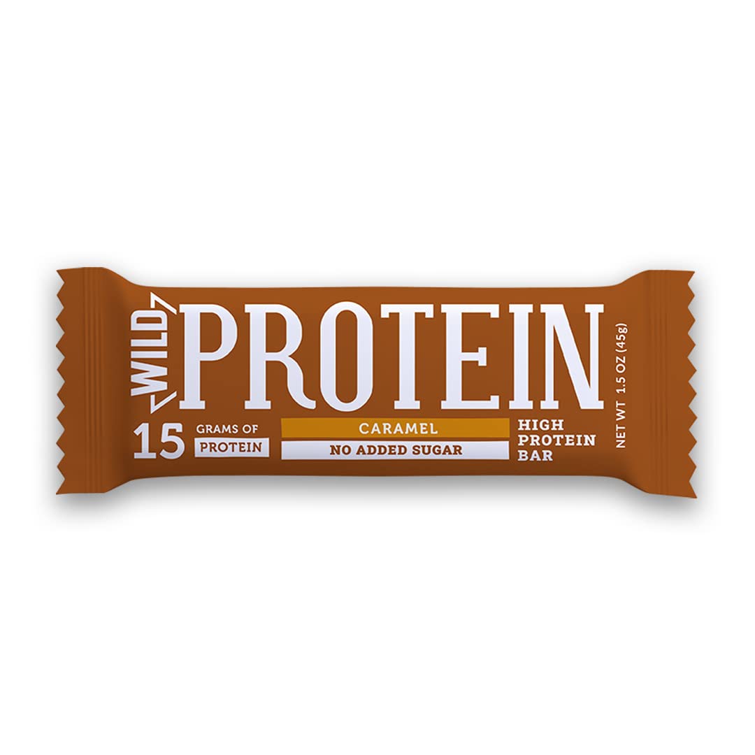 Wild Protein | Barras altas en proteína | Sabor caramelo | Pack de 16 unidades | 15 g de proteína | Sin azúcares ni grasa añadida | 45 g cada barra