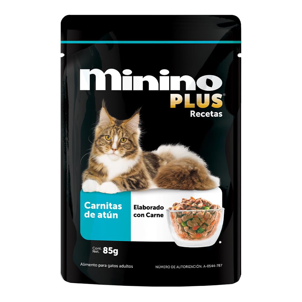 Minino Plus Recetas, alimento húmedo Sabor Carnitas de atún, 85 g, Gris, Paquete con 24 Piezas