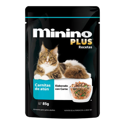 Minino Plus Recetas, alimento húmedo Sabor Carnitas de atún, 85 g, Gris, Paquete con 24 Piezas