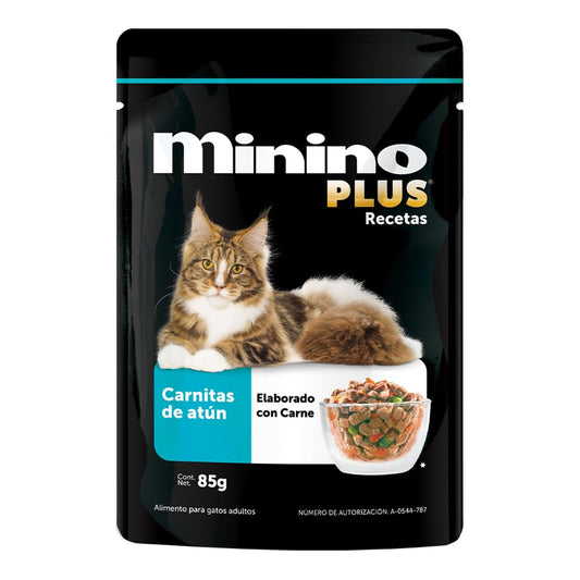 Minino Plus Recetas, alimento húmedo Sabor Carnitas de atún, 85 g, Gris, Paquete con 24 Piezas