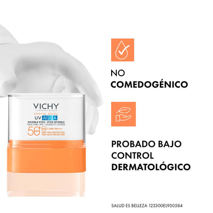 Vichy Capital Soleil UV Aqua Protector Solar en Stick Dermatológico 9g | Protector Solar en Barra con FPS 50+ y Acabado Invisible PA+++ Ideal para Reaplicación Práctica en RostroyY Labios