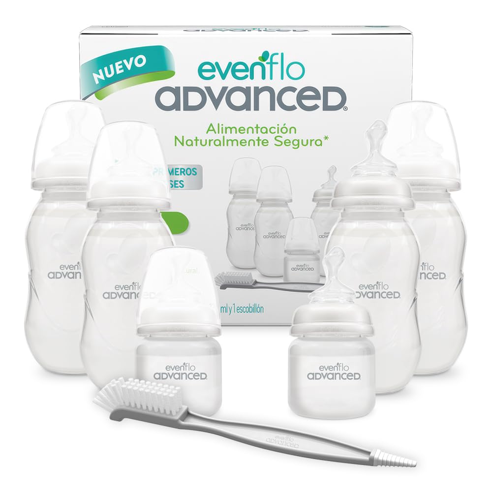 Evenflo Advanced Set Avanzado de 6 Biberones Ortodónticos con Escobillón, Silicón Grado Alimenticio, Libre de BPA, Cuello Angosto, Sistema Triple de Ventilación, para Bebés 0-3 Meses