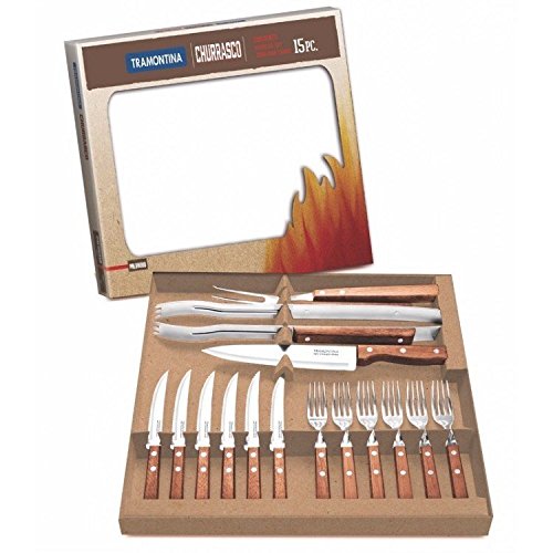 Tramontina Kit Churrasco Asado 15 Piezas Acero Inoxidable Mango Madera