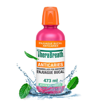 TheraBreath Enjuague Bucal sin Alcohol Anticaries Menta Reluciente, 473 ml. | Ayuda a Combatir la Caries, Fortalece el Esmalte Dental y Refresca el Aliento. Sin Ardor ni Colorantes Artificiales