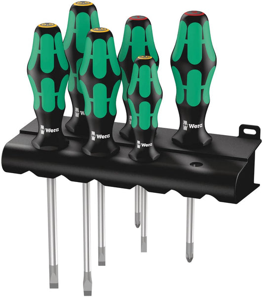 Wera Kraftform Plus 334 Juego de destornilladores y soporte, punta láser, 6 piezas, Multicolor, Slotted: 6.5x150mm, 3x80mm, 4x100mm, 5.5x125. Phillips: PH1x80, PH2x100